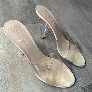 Vintage Chanel Clear PVC Cross-Strap Mule Sandals with Lucite Heel‎ 38
